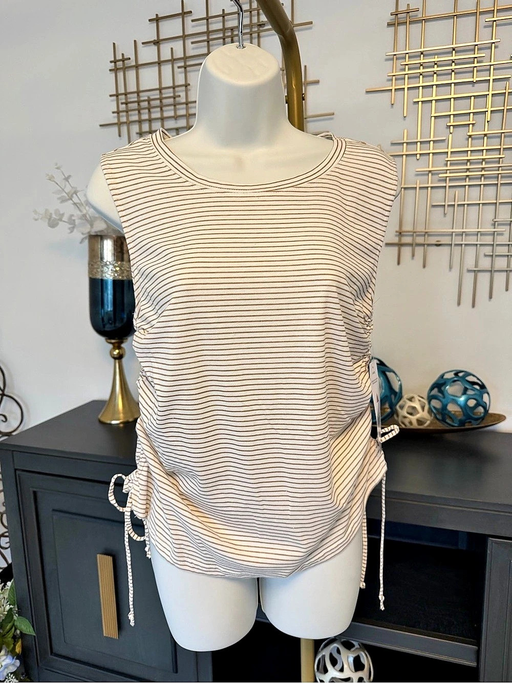 Just Be. Striped Ruched Side Tie Tank Top NWT
